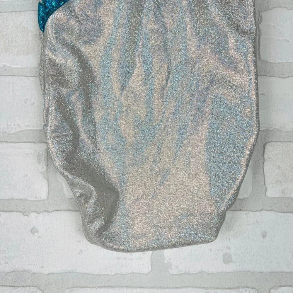 Silver Teal Holographic Rhinestone Sleeveless Gymnastics Leotard Kids